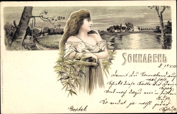 Chromo-Litho Weekday, Saturday, Young Woman, Pond