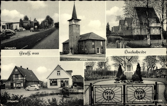 Ak Harksheide Norderstedt in Schleswig Holstein, Ortspartie, Kirche, Ehrenmal in Glashütte
