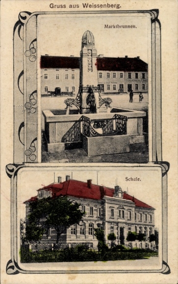Passepartout Ak Weißenberg in Sachsen, Schule, Marktbrunnen