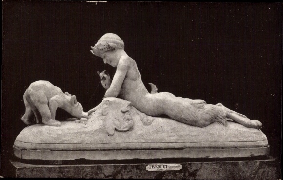 Postcard Pan and Bear, sculpture by Fremiet