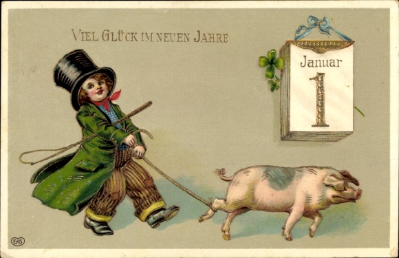 Postcard Altfriedstein Niederlößnitz Radebeul, boy with pig and inscription 'Good luck in the new...'