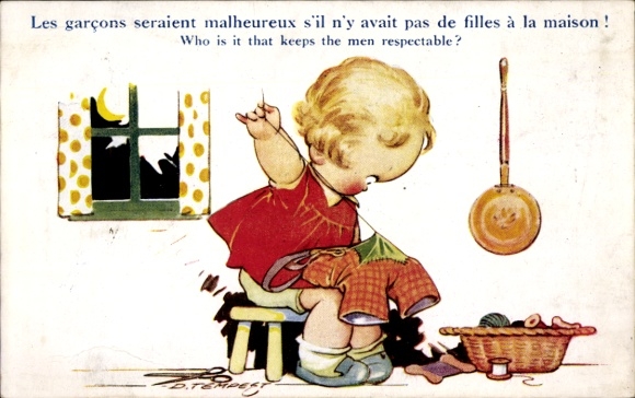 Artist Postcard Tempest, D., girl sewing, needle, sewing kit