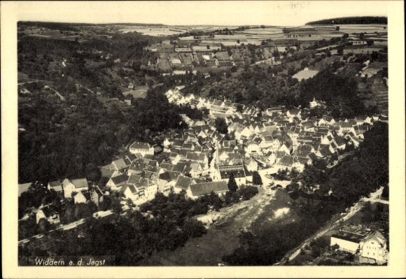 Postcard Widdern an der Jagst, aerial view of Widdern, many roofs, rural surroundings