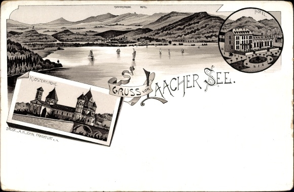 Litho Glees Eifel, Panorama vom Laacher See, Hotel, Klosterkirche, Boote