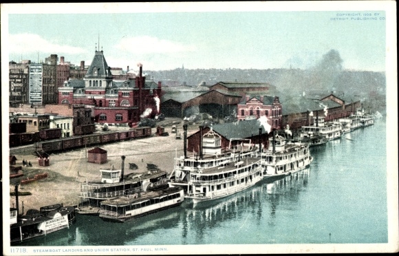Postcard Saint Paul Minnesota USA, Steamboat Landing and Union Station