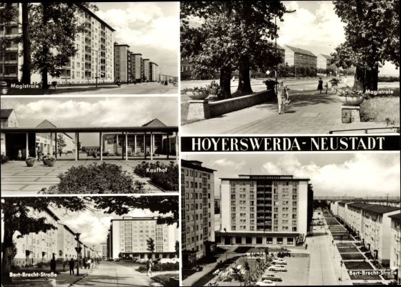 Postcard Hoyerswerda in Oberlausitz, Neustadt, Magistrale, Kaufhof, Bert-Brecht-Strasse
