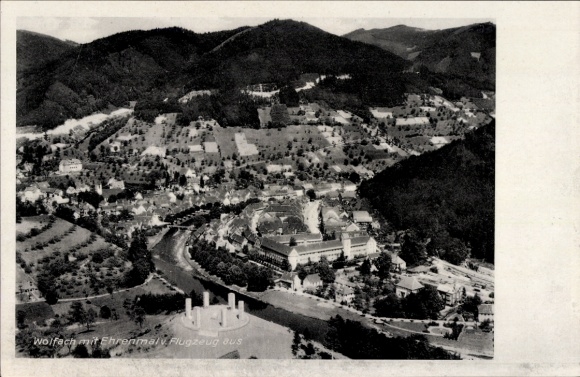 Postcard Wolfach in the Black Forest, aerial photograph, memorial
