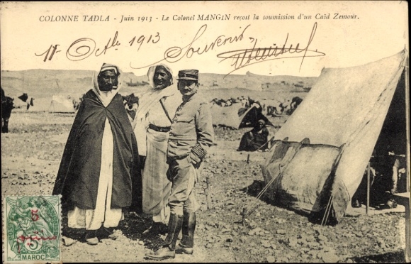 CPA Tadla Maroc, lipiec 1913, pułkownik Mangin reçoit la soumission d'un Caid Zemour