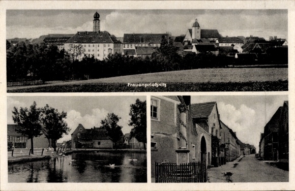 Postcard Frauenprießnitz in Thuringia, view of the town, street view, pond