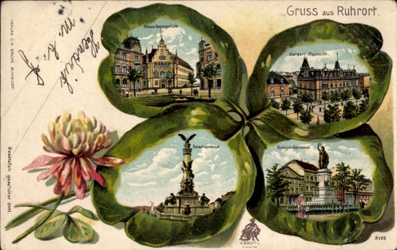 Kleeblatt litho Ruhrort Duisburg in het Ruhrgebied, postkantoor, oorlogsmonument, districtsrechtbank, keizerlijk monument