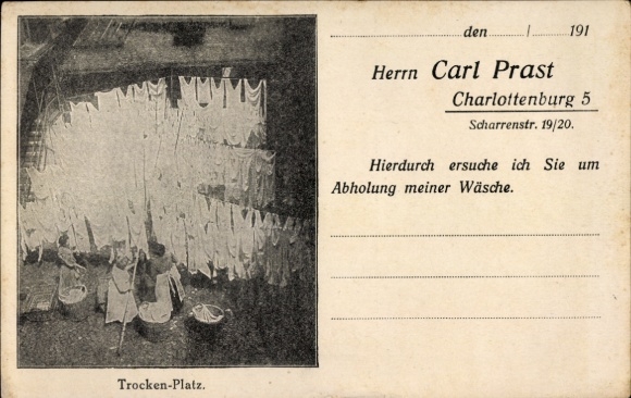 Postcard Berlin Charlottenburg, advertising, Carl Prast, washing and ironing establishment, drying place