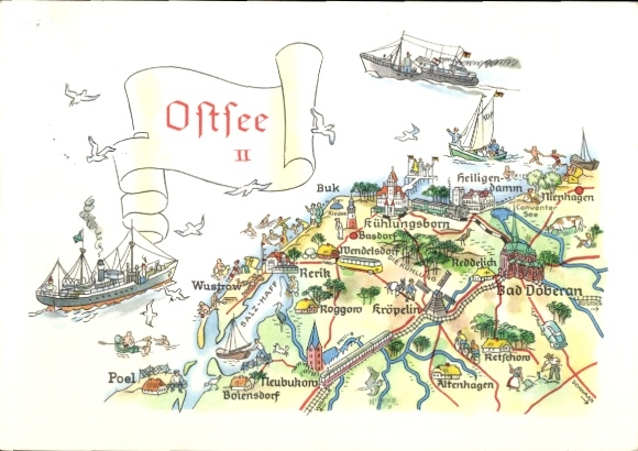 Maps Postcard Rerik, Baltic Sea, Buk, Wustrow, Poel, Kühlungsborn, Bad Doberan