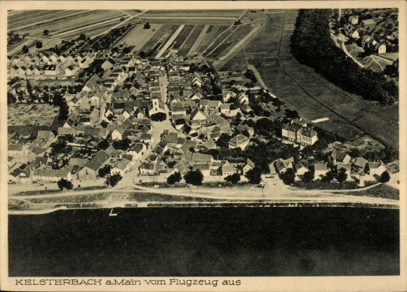 Postcard Kelsterbach am Main, aerial view of Main, many houses, landscape