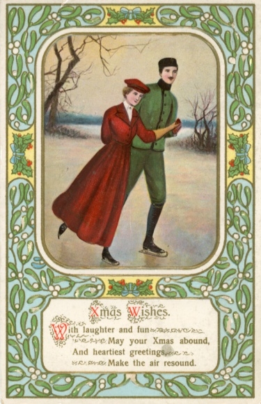 Embossed Passepartout Postcard Christmas Wishes, Ice Skaters