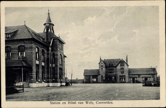 Postcard Coevorden Drenthe, Hotel van Wely, Station