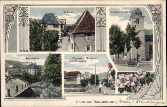 Postcard Rockenhausen in der Pfalz, monument with church, Baussche tannery, castle, district office