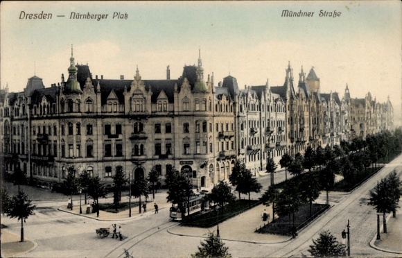 Postcard Dresden Plauen, Nuremberg Square, Munich Street, tram
