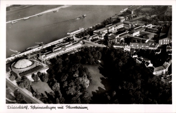Postcard Düsseldorf am Rhein, aerial photograph, Rhine facilities, planetarium