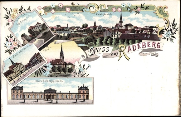 Litho Radeberg in Sachsen, Amtsgericht, Markt, Rathaus, Neuer Bahnhof, Gesamtansicht