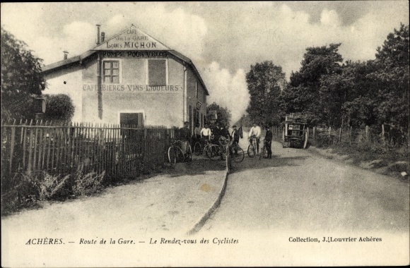 Postcard Acheres Yvelines, Route de la Gare, The Meeting place for Cyclists