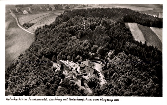 Postcard Helmbrechts in Upper Franconia, Kirchberg, accommodation house, aerial photograph