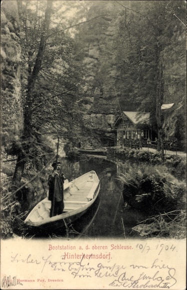Postcard Hinterhermsdorf Sebnitz Saxon Switzerland, boat station at the upper lock