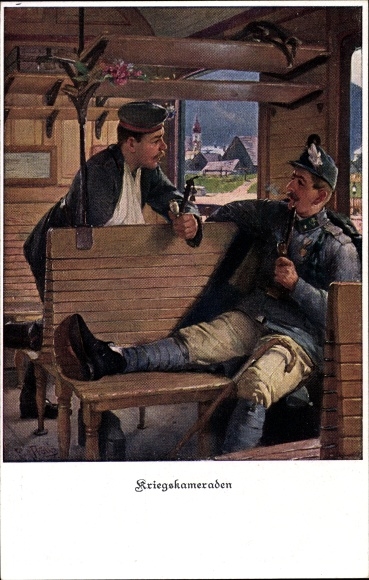 Artist Postcard War Comrades, Two smoking soldiers in a train compartment, Austrians