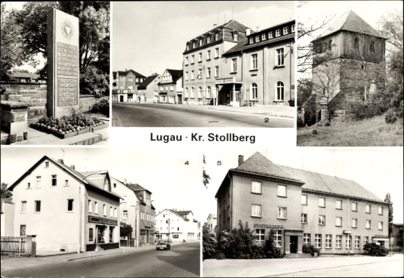 Postcard Lugau Kreis Stollberg, monument, Karl Liebknecht clubhouse, bell tower, library, savings bank