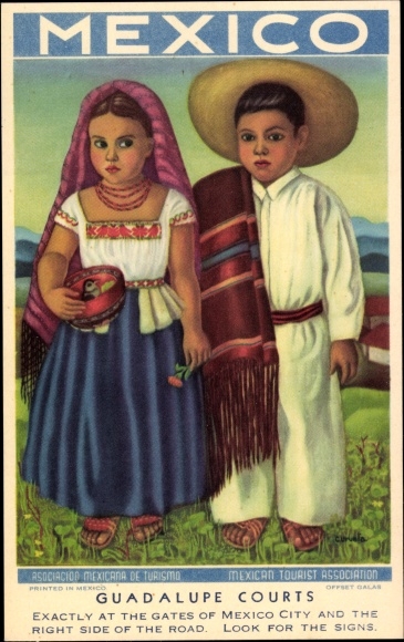 Artist PC Mexico, children in traditional costumes, Guadalupe Courts, Mexican Tourist Association