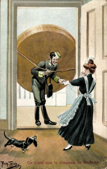 Artist Postcard Thiele, A., Maid surprised by a man, gift, dachshund