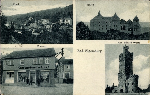 Postcard Elgersburg in Thuringia, general view, castle, Konsum, Karl Eduard Warte, from Bad Elgersburg