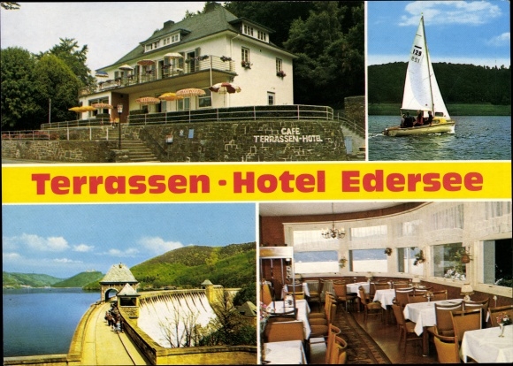 Postcard Edertal in Hessen, Terrassen Hotel Edersee, Edersee dam
