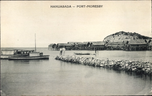 Postcard Hanuabada Papua New Guinea, Port Moresby, shoreline, boats, stilt houses over the water