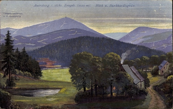 Artist PC Burkhardtsgrün Zschorlau in the Ore Mountains, houses in town, view of the Auersberg