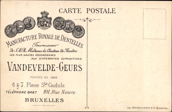 Postcard Brussels, Royal Lace Manufactory Vandevelde Geurs, lace makers, workshop