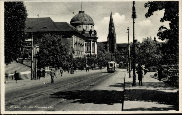 Postcard Poznań Poznań, section at St. Paul&#39;s Church, tram