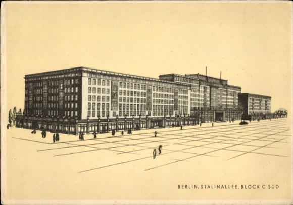 Postcard Berlin Friedrichshain, Stalinallee, Block C South, National Reconstruction Program 1952