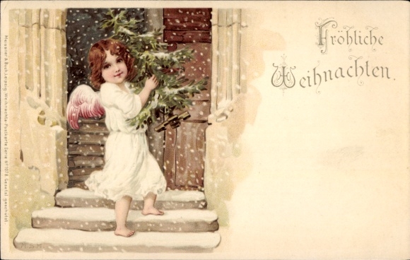 Chromo-Litho Congratulations Christmas, angel, Christmas tree