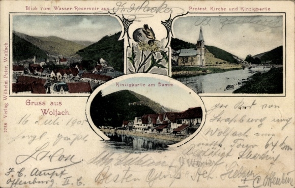 Postcard Wolfach in the Black Forest, Kinzig part at the dam, church, total view