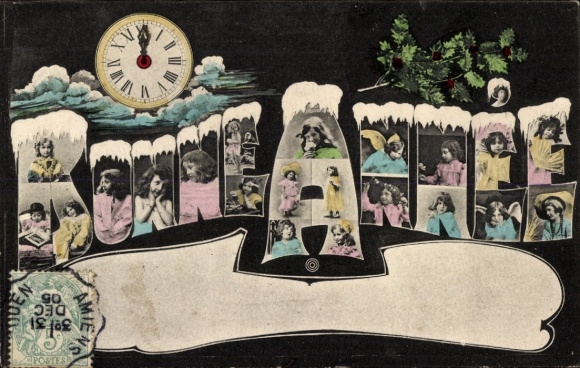 Letters Postcard Congratulations New Year, Clock, Portraits