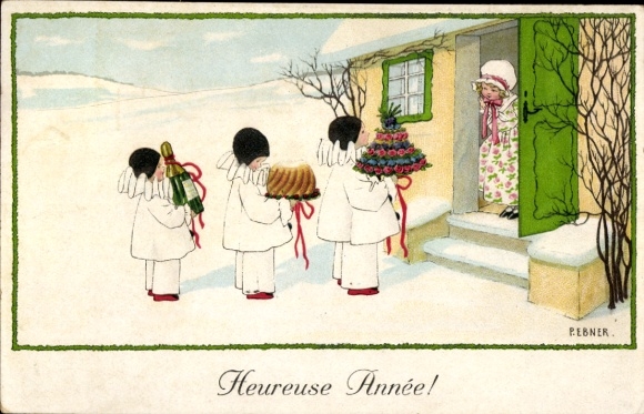 Artist Postcard Ebner, Pauli, Happy New Year, bouquet, cake, champagne bottle, harlequin