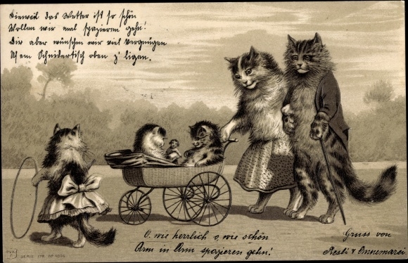 Embossed Chromo-Litho Humanized cats, family, prams, tires