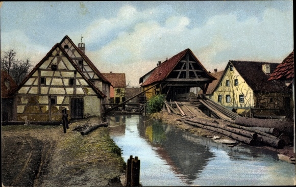 Postcard sawmill, river, wooden beams, photochromy Nenke and Ostermaier 1887