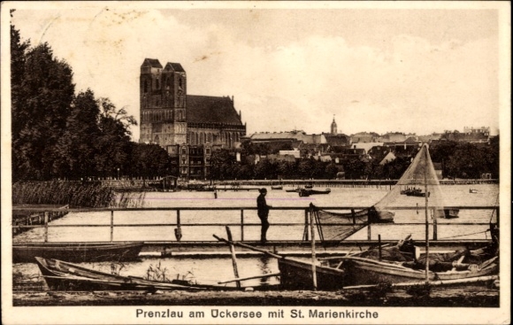 Postcard Prenzlau in the Uckermark, Prenzlau on the Uckersee, St. Mary's Church, boats on the water