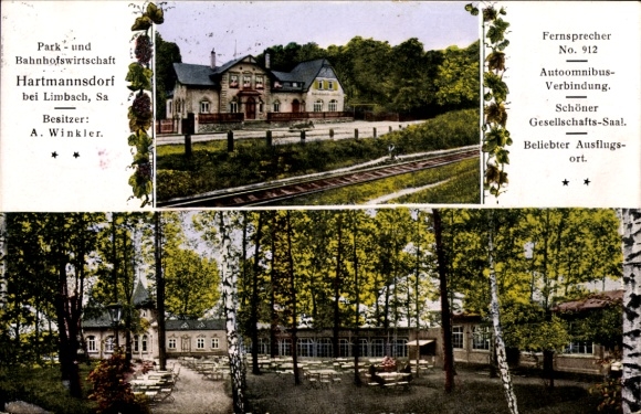Postcard Hartmannsdorf Reichenau in the Erzgebirge, park and station restaurant, A. Winkler, popular ...