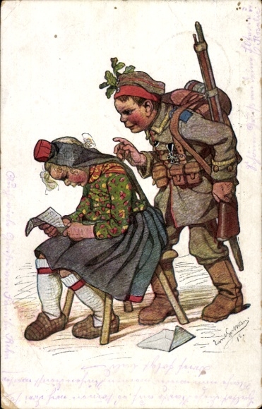Artist Postcard Beithan, Emil, Hessian costumes, girl reading letter, boy in soldier's uniform