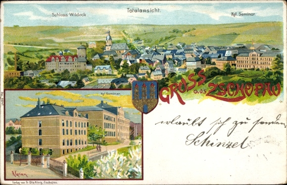 Wappen Litho Zschopau im Erzgebirge Sachsen, Kgl. Seminar, Blick auf den Ort, Schloss Wildeck