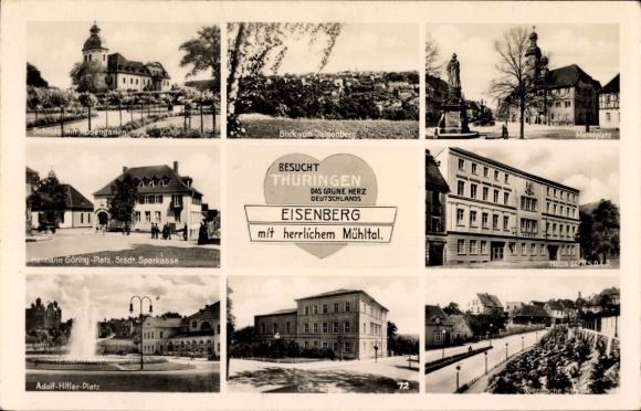 Postcard Eisenberg in Thuringia, front views of Adolf Hitler Square, Göring Square, fountain