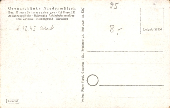 Ansichtkaart Niedermülsen Mülsen in Saksen, grensherberg, koloniale goederen, reclame, 1945