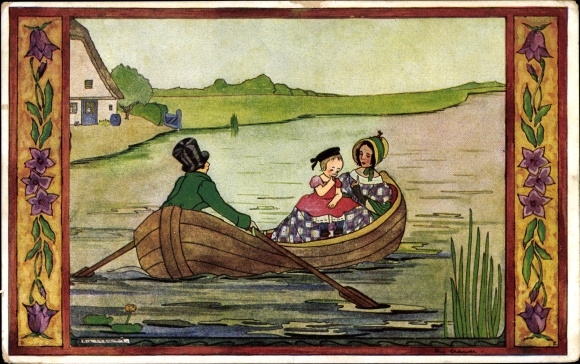Passepartoutkunstenaar Ak Cramer, R., Kinderen in een roeiboot, roeifeest